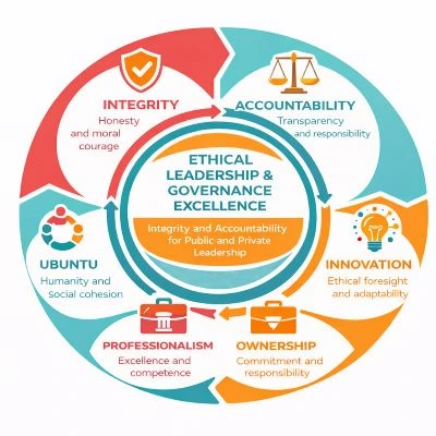 AIEG Core Values Wheel showing six segments: Integrity, Accountability, Innovation, Ownership, Professionalism, Ubuntu
